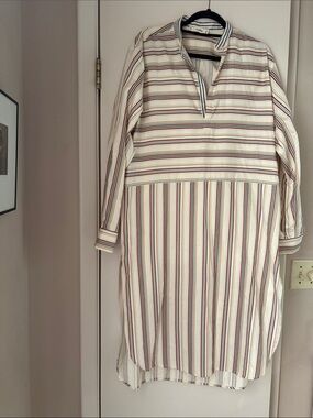 The Salting Striped Long Sleeve Shirt Dress - Cream with Red & Green Stripes